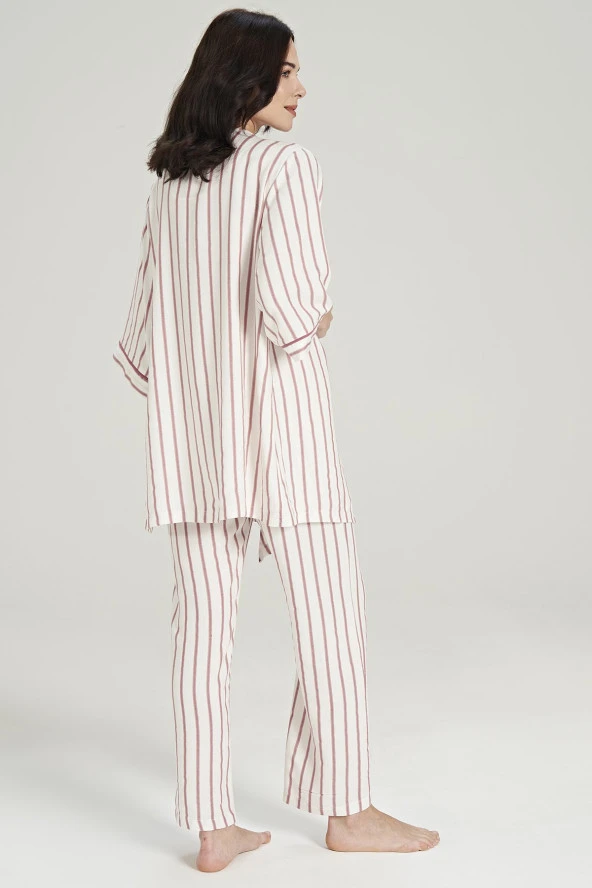 Kadın Simli Çizgi Desenli Kalın Askılı 3'lü Belden Kuşaklı Pijama Takımı - 7