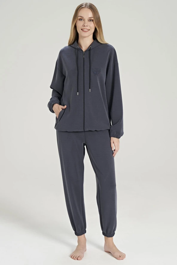 Kadın Fermuarlı Kapşonlu Paçası Lastikli Pijama Takımı - 7