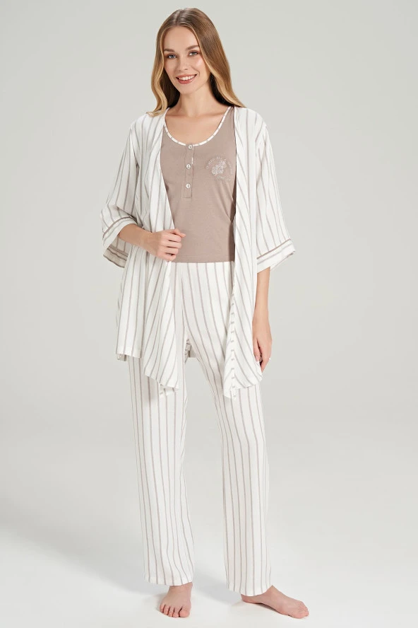 Kadın Simli Çizgi Desenli Kalın Askılı 3'lü Belden Kuşaklı Pijama Takımı - 8