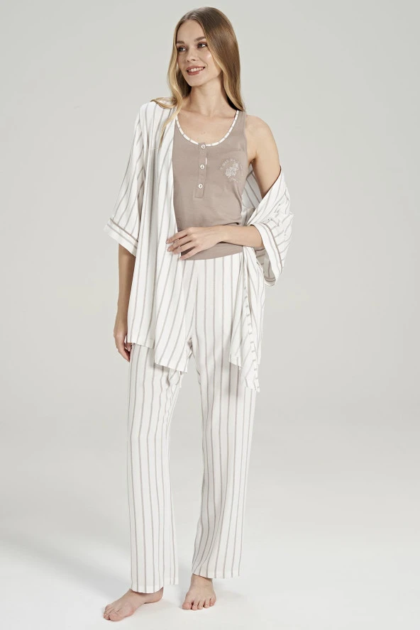 Kadın Simli Çizgi Desenli Kalın Askılı 3'lü Belden Kuşaklı Pijama Takımı - 10