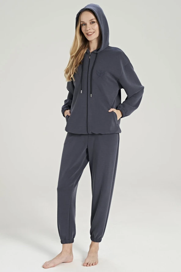 Kadın Fermuarlı Kapşonlu Paçası Lastikli Pijama Takımı - 10