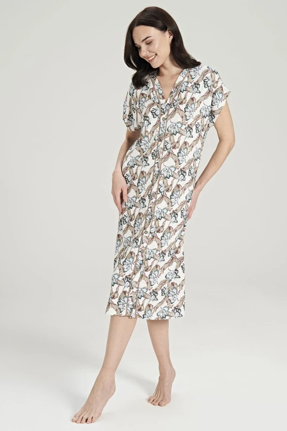 Kadın Klasik Çicek Desenli Önden Düğmeli Gecelik Elbise - 7