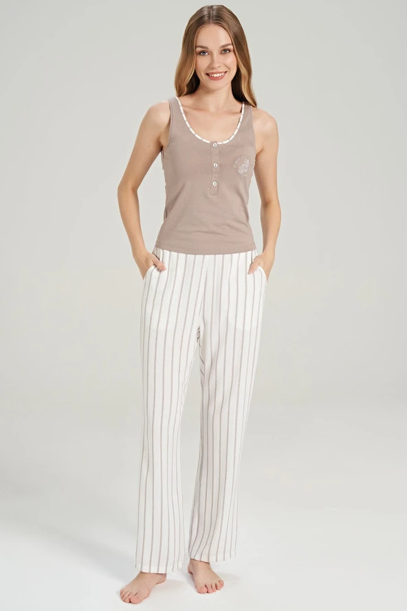 Kadın Simli Çizgi Desenli Kalın Askılı 3'lü Belden Kuşaklı Pijama Takımı - 11