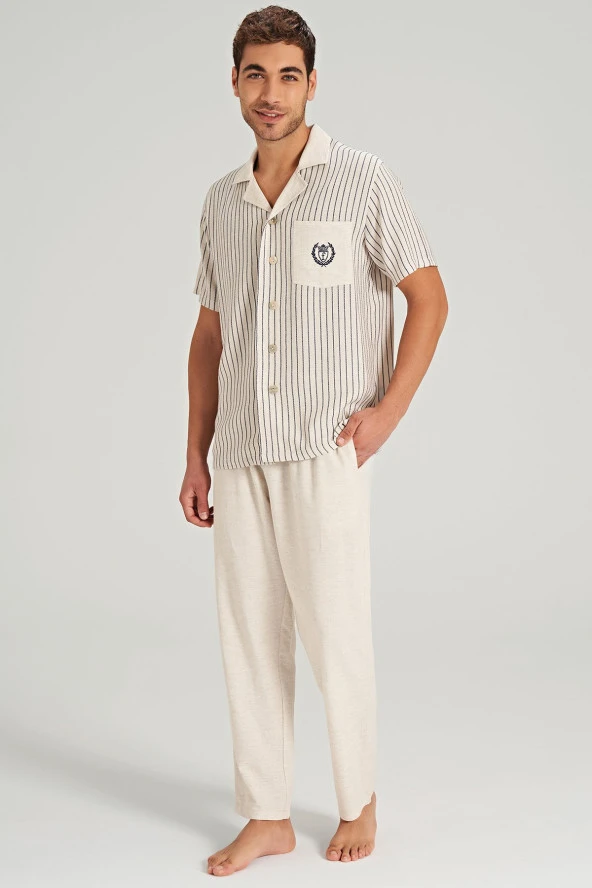Erkek Keten Önden Düğmeli Gömlek Yakalı Eşli Pijama Takımı