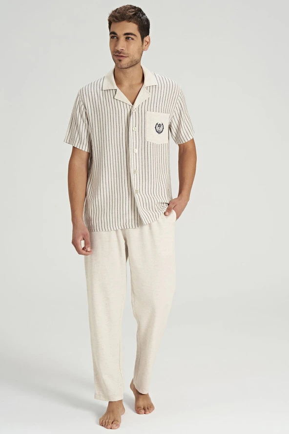 Erkek Keten Önden Düğmeli Gömlek Yakalı Eşli Pijama Takımı - 2