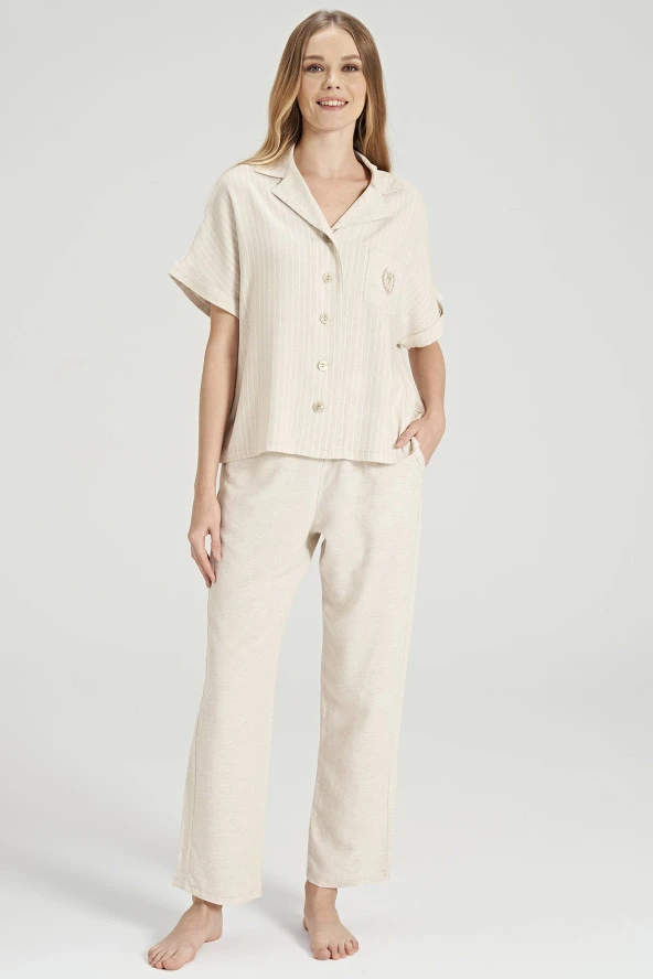 Kadın Keten Önden Düğmeli Gömlek Yakalı Eşli Pijama Takımı