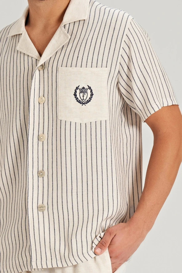 Erkek Keten Önden Düğmeli Gömlek Yakalı Eşli Pijama Takımı - 3