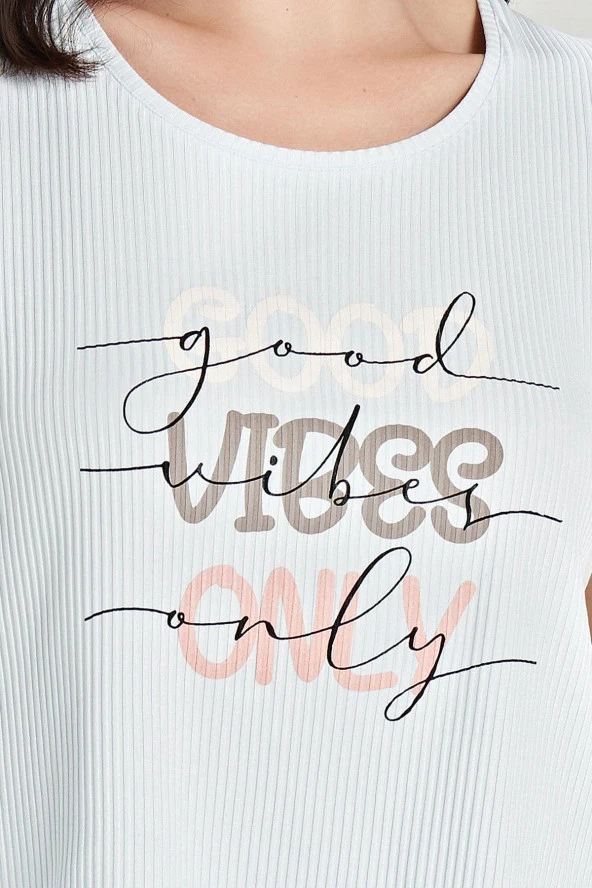 Kadın Mavi Fitilli Baskılı Şortlu Pijama Takımı - 2