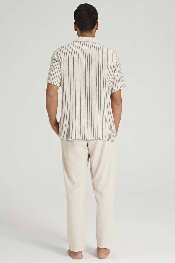 Erkek Keten Önden Düğmeli Gömlek Yakalı Eşli Pijama Takımı - 5