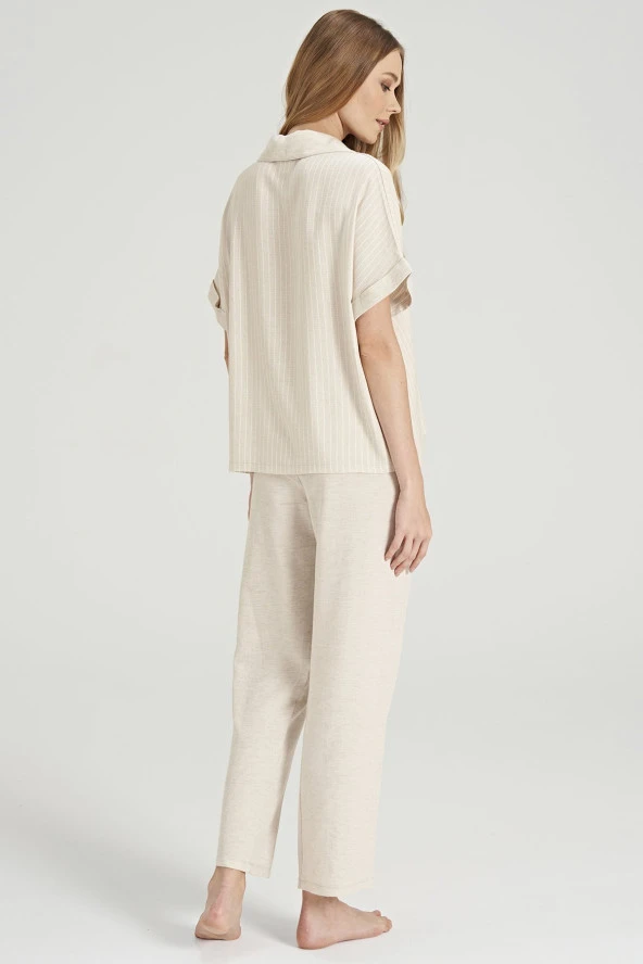 Kadın Keten Önden Düğmeli Gömlek Yakalı Eşli Pijama Takımı - 4