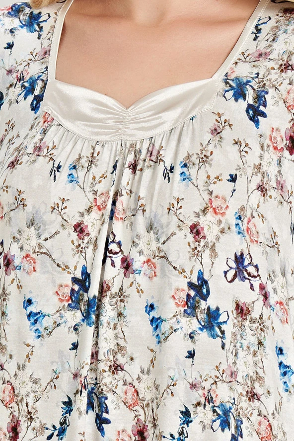 Kadın Klasik Çicek Desenli Yarım Kol Kare Yakalı Gecelik Elbise - 6