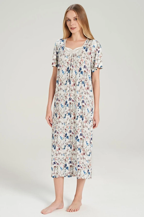 Kadın Klasik Çicek Desenli Yarım Kol Kare Yakalı Gecelik Elbise - 7