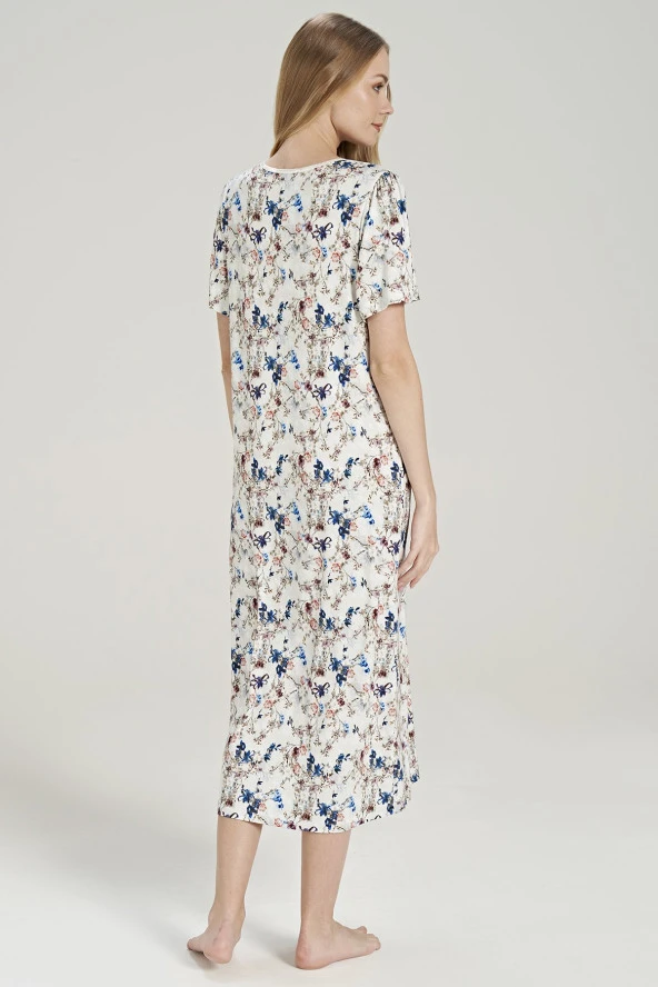 Kadın Klasik Çicek Desenli Yarım Kol Kare Yakalı Gecelik Elbise - 8