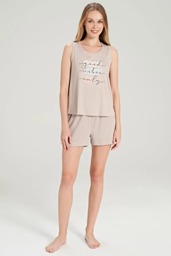 Kadın Mavi Fitilli Baskılı Şortlu Pijama Takımı - 6