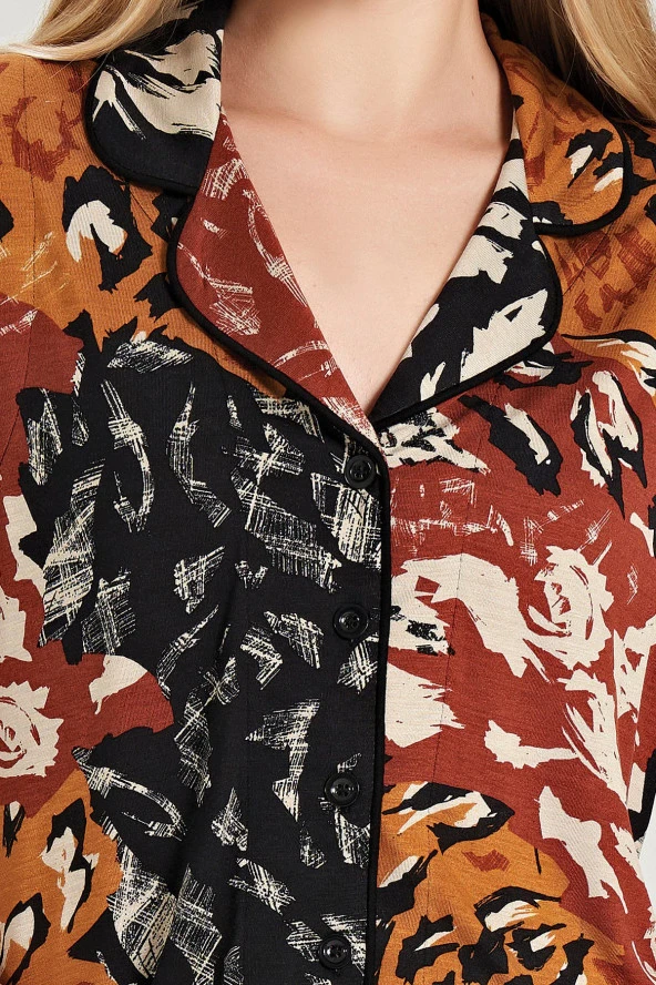 Kadın Karışık Desenli Önden Düğmeli Gömelk Yaka Şortlu Pijama Takımı - Resim 2