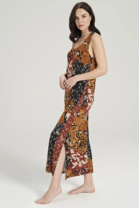 Kadın Karışık Desenli Eteği Yırtmaçlı Kalın Askılı Gecelik Elbise - 4