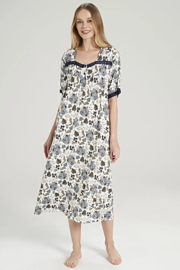 Kadın Çicek Desenli Önden Düğmeli Yarım Kol Gecelik Elbise - 3