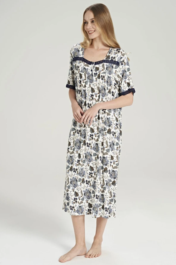 Kadın Çicek Desenli Önden Düğmeli Yarım Kol Gecelik Elbise - 4