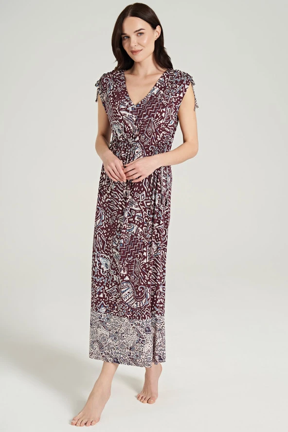 Kadın Etnik Desen Önden Düğmeli V Yaka Gecelik Elbise - 3