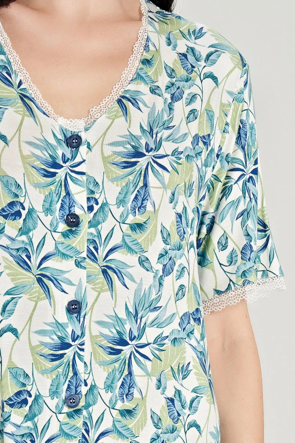 Kadın Yaprak Desenli Önden Düğmeli Yarım Kol Gecelik Elbise - 2