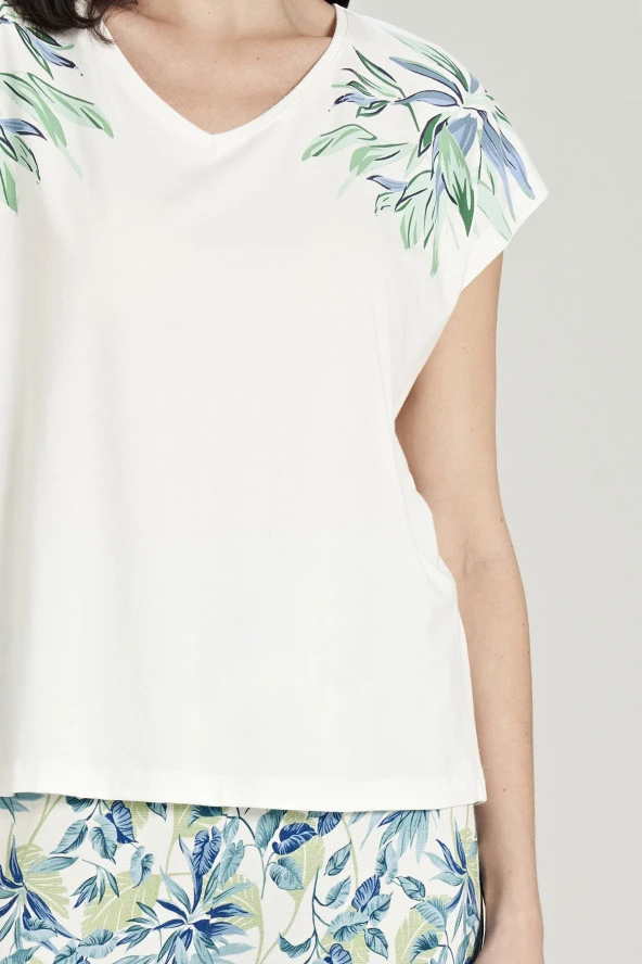 Kadın Mor Pamuklu Yaprak Desenli Pijama Takımı - 2