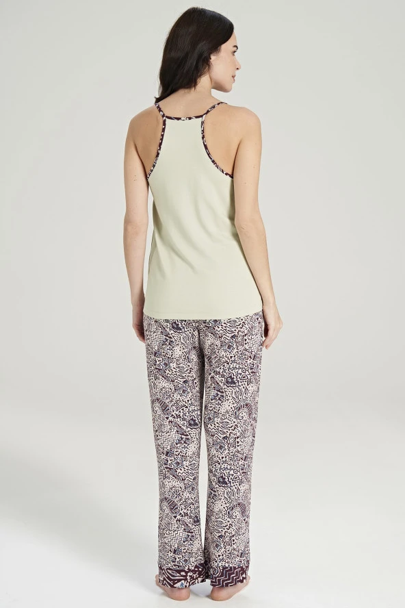 Kadın Etnik Desen İp Askılı Önden Düğmeli 3'lü Pijama Takımı - 2