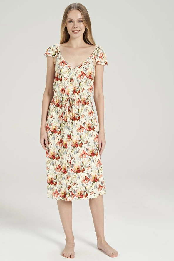 Kadın Çicek Desenli Omuz Detaylı Gecelik Elbise - 7