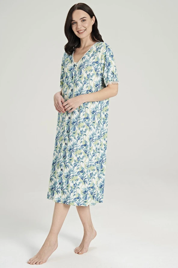 Kadın Yaprak Desenli Önden Düğmeli Yarım Kol Gecelik Elbise - 4