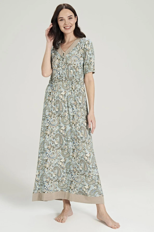 Kadın Klasik Şal Desenli V Yaka Yakası Düğmeli Gecelik Elbise - 4