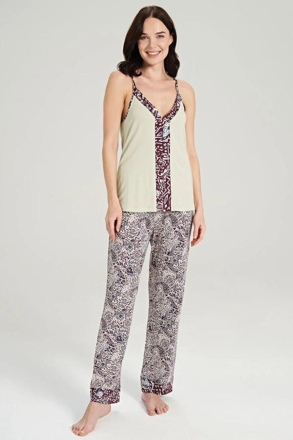 Kadın Etnik Desen İp Askılı Önden Düğmeli 3'lü Pijama Takımı - 6