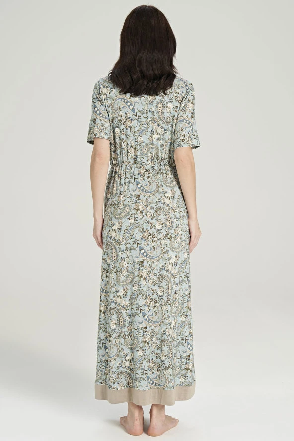 Kadın Klasik Şal Desenli V Yaka Yakası Düğmeli Gecelik Elbise - 5