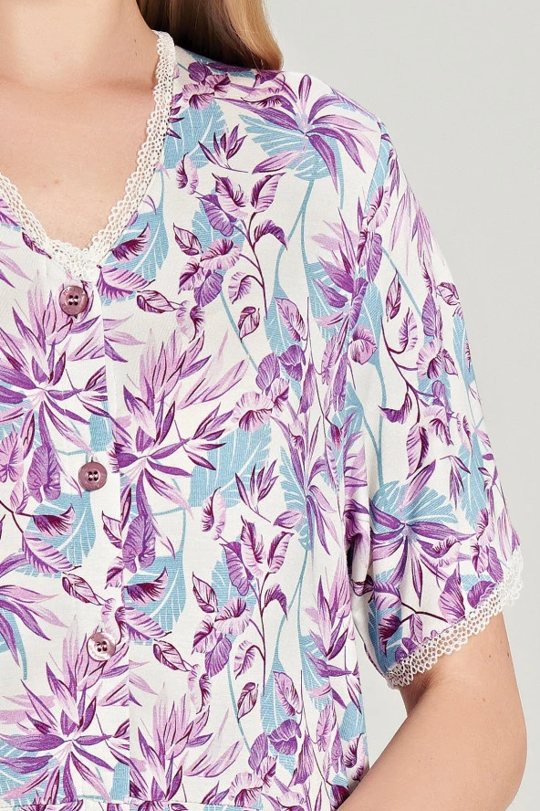 Kadın Yaprak Desenli Önden Düğmeli Yarım Kol Gecelik Elbise - 7