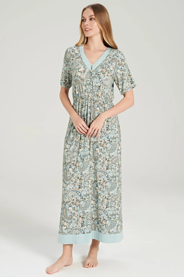 Kadın Klasik Şal Desenli V Yaka Yakası Düğmeli Gecelik Elbise - 6