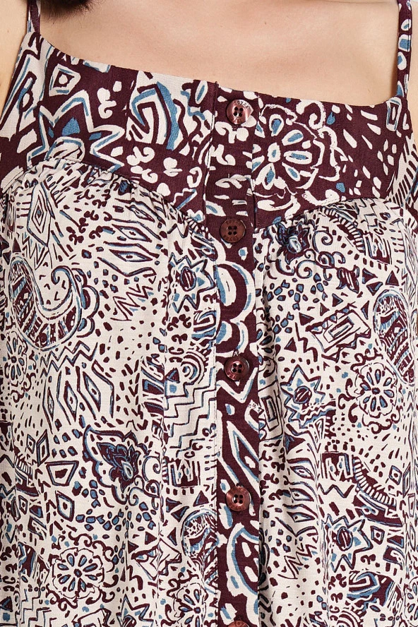 Kadın Etnik Desen İp Askılı Yakası Düğmeli Paçası Lastikli Pijama Takımı - Resim 3