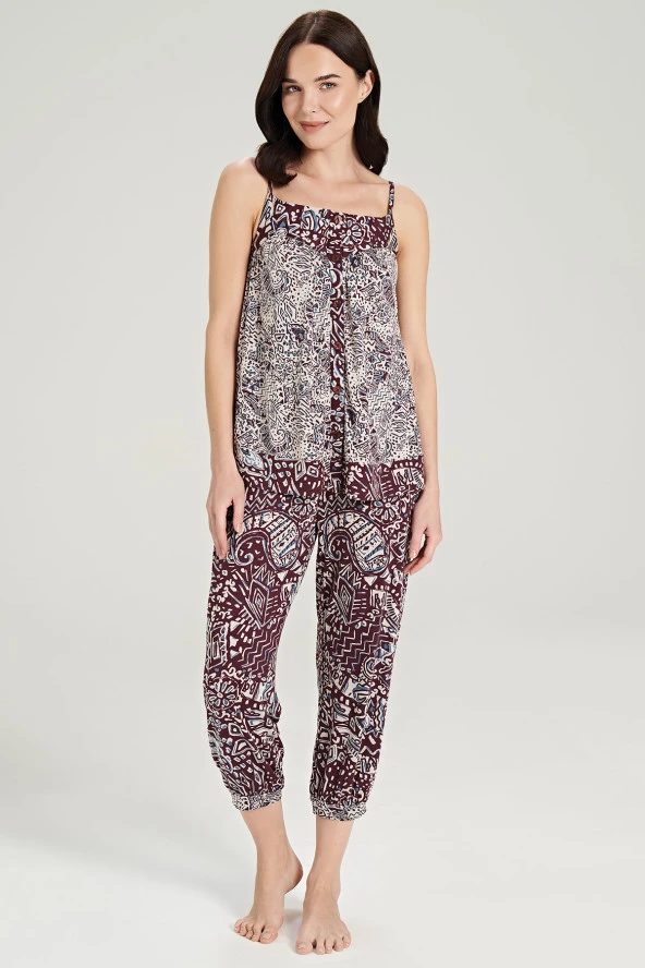 Kadın Etnik Desen İp Askılı Yakası Düğmeli Paçası Lastikli Pijama Takımı - Resim 4