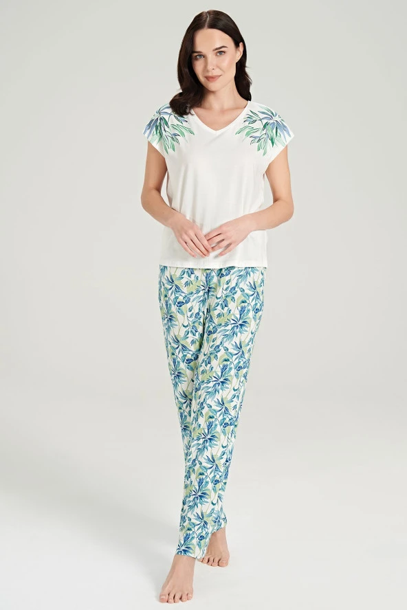 Kadın Mor Pamuklu Yaprak Desenli Pijama Takımı - 3
