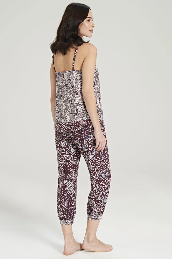 Kadın Etnik Desen İp Askılı Yakası Düğmeli Paçası Lastikli Pijama Takımı - Resim 5