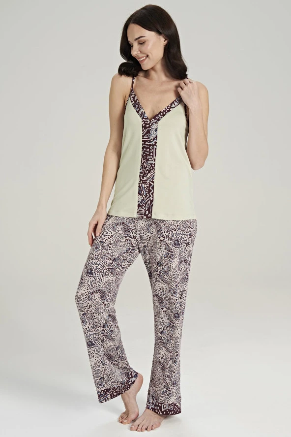 Kadın Etnik Desen İp Askılı Önden Düğmeli 3'lü Pijama Takımı - 8