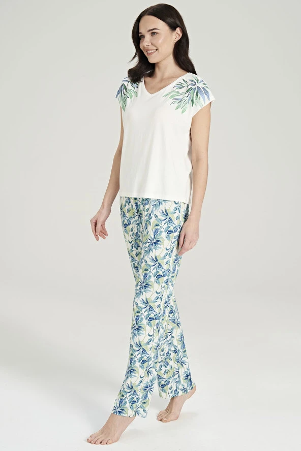 Kadın Mor Pamuklu Yaprak Desenli Pijama Takımı - 4