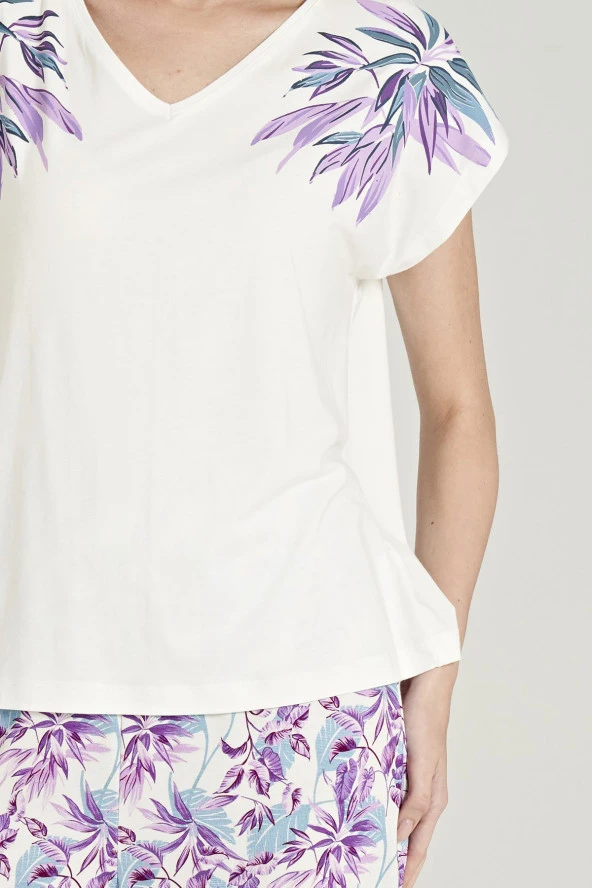Kadın Mor Pamuklu Yaprak Desenli Pijama Takımı - 7
