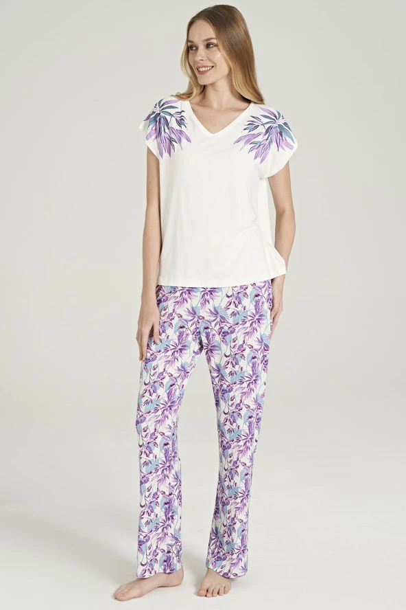 Kadın Mor Pamuklu Yaprak Desenli Pijama Takımı - 8
