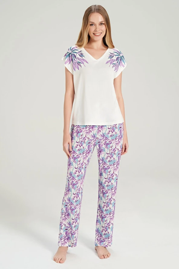 Kadın Mor Pamuklu Yaprak Desenli Pijama Takımı - 9
