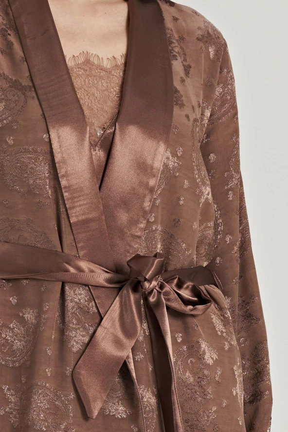 Kadın Jakar Kumaş Şal Desenli İp Askılı Dantel Detaylı 3'lü Pijama Takımı - 2