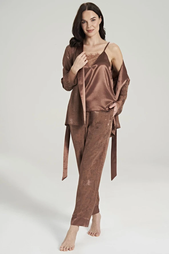 Kadın Jakar Kumaş Şal Desenli İp Askılı Dantel Detaylı 3'lü Pijama Takımı - 3