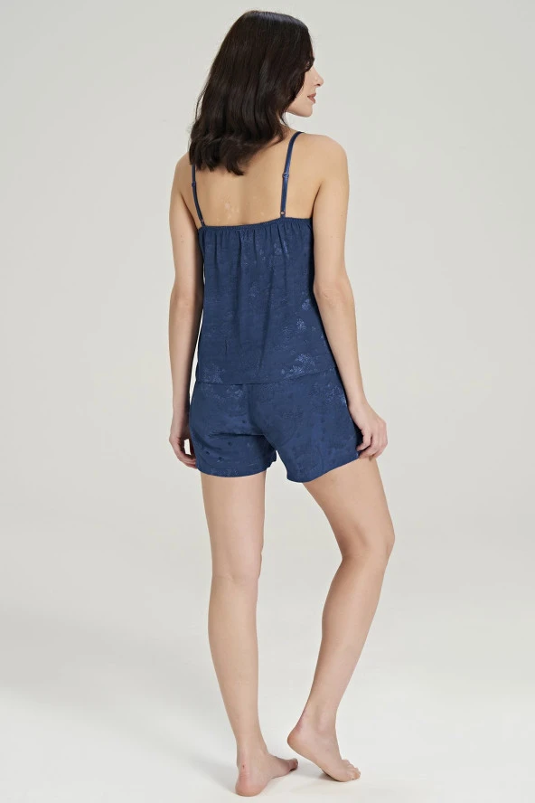 Kadın Jakar Kumarş Şal Desenli İp Askılı Yakada Dantel Detaylı Şortlu Pijama Takımı - 4