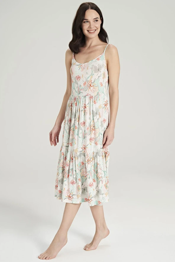 Kadın Çicek Desenli İp Askılı Gecelik Elbise - 4