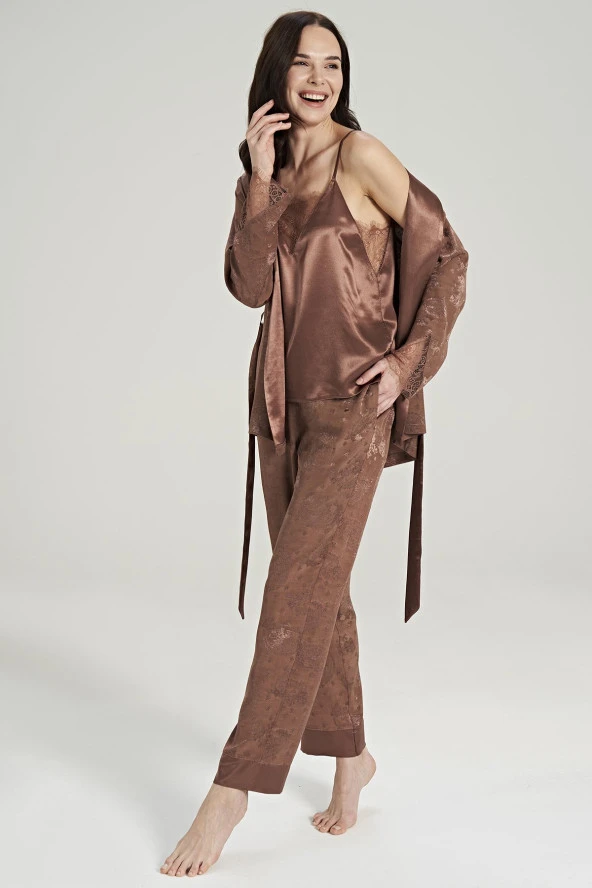 Kadın Jakar Kumaş Şal Desenli İp Askılı Dantel Detaylı 3'lü Pijama Takımı - 4