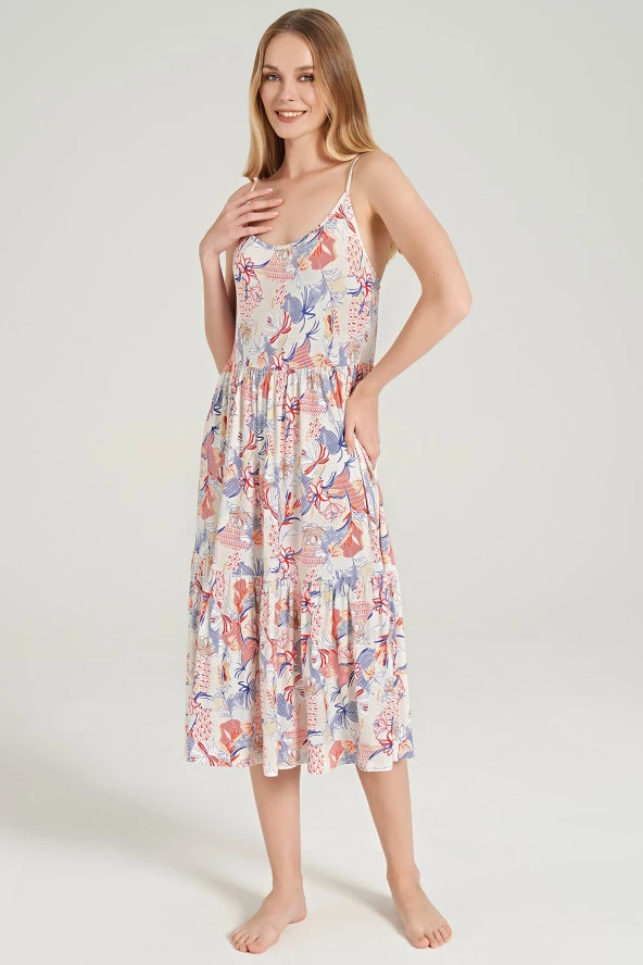 Kadın Çicek Desenli İp Askılı Gecelik Elbise - 6