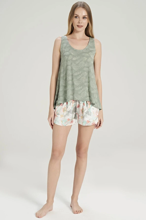 Kadın Çicek Desenli Kalın Askılı Şort Pijama Takımı - 8