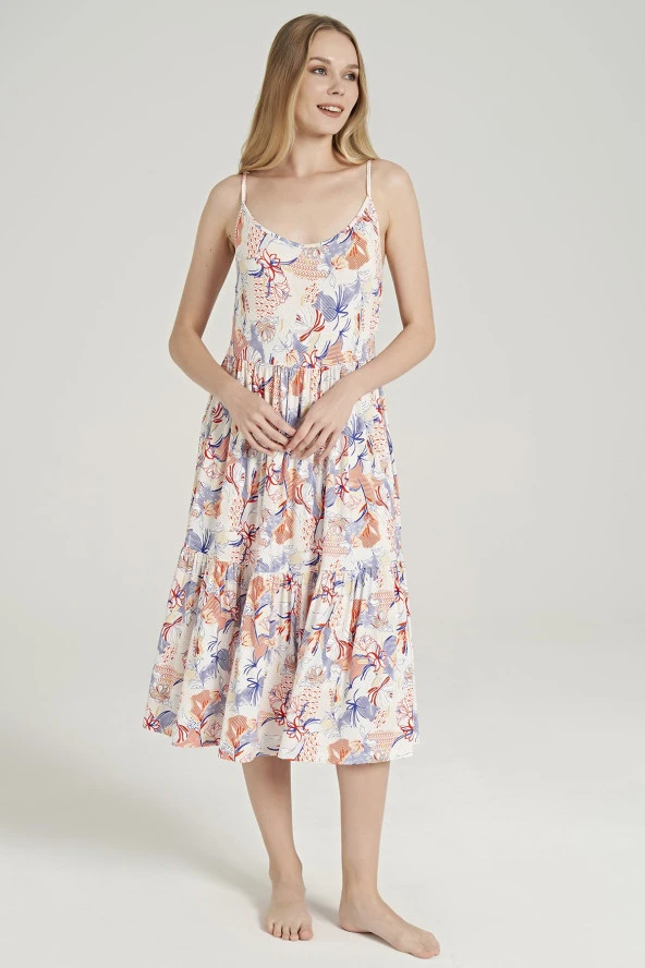 Kadın Çicek Desenli İp Askılı Gecelik Elbise - 8